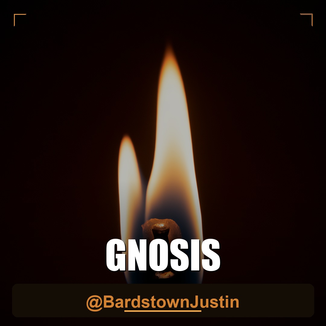 A single candle flame burning against black, captioned GNOSIS
