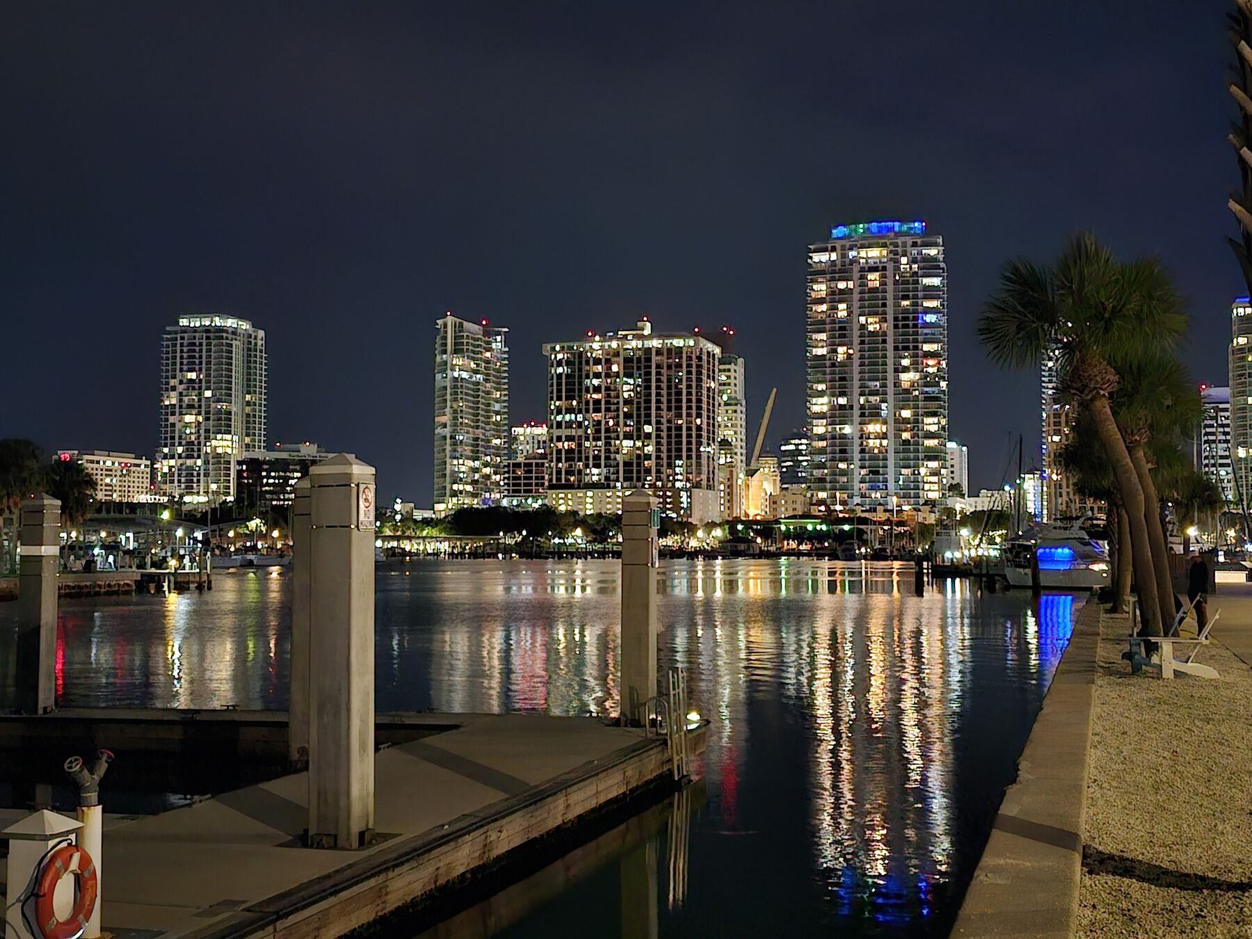 A city skyline reflected at night