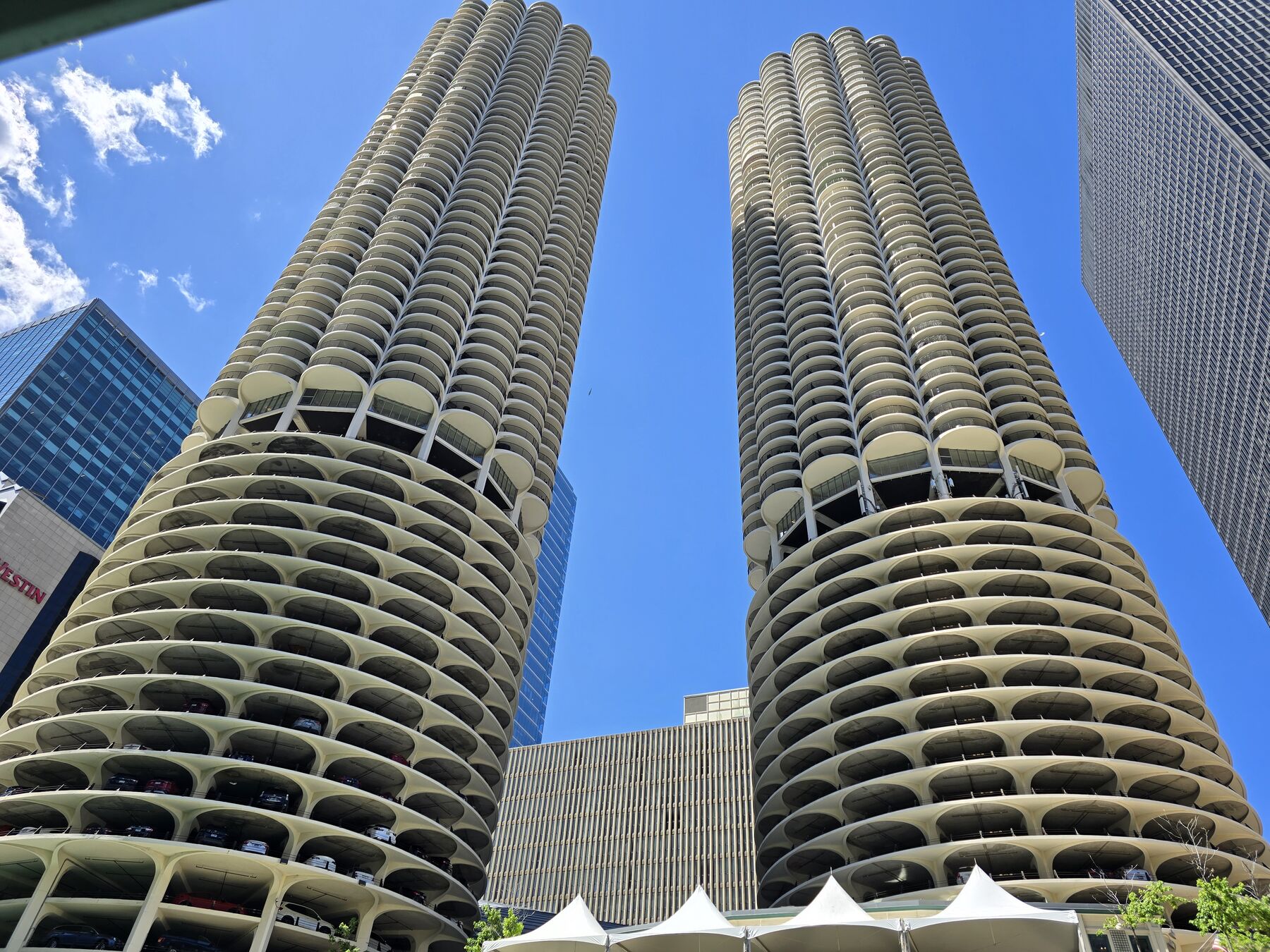 Round towers against a blue sky