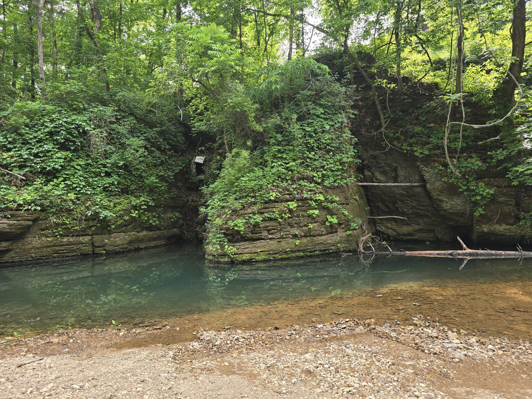 A clear creek past a rock bank
